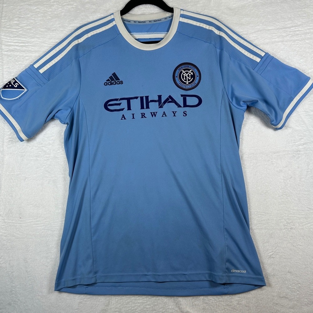 Adidas New York City FC Jersey Mens Large Blue Etihad Airways Short Sleeve MLS